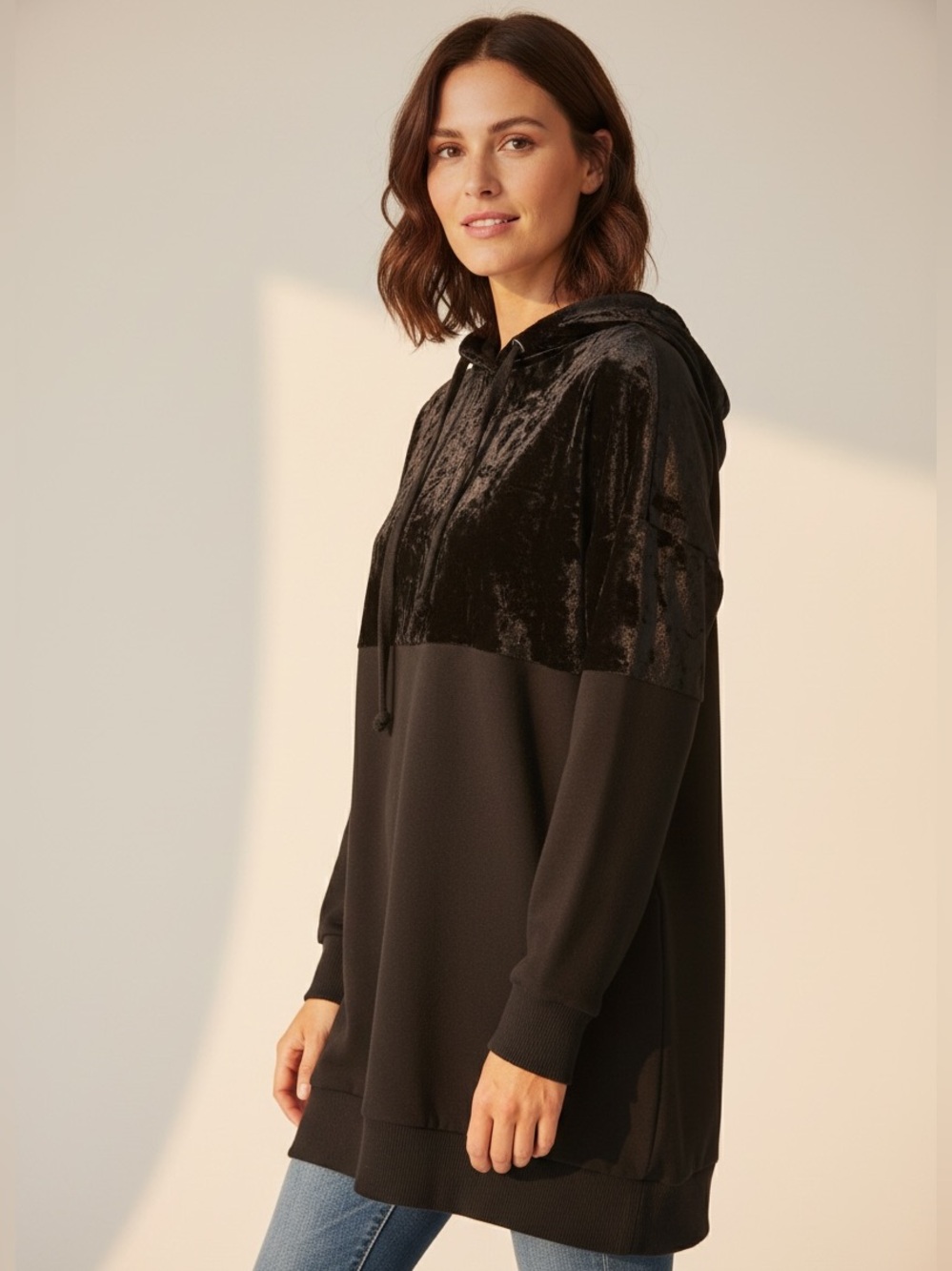 Velvet-Panel Black Hoodie dress
